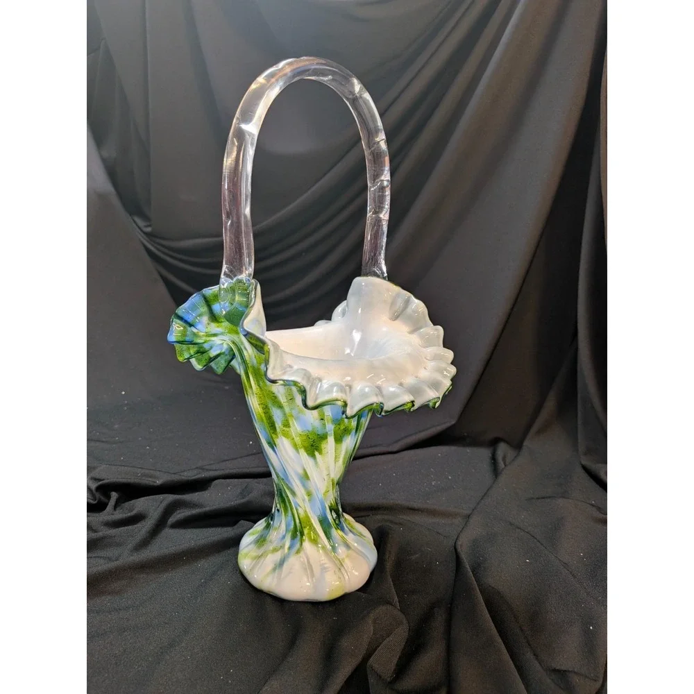 Fenton Murrhina Blue Green Aventurine Glass Handle Ruffle Basket 11